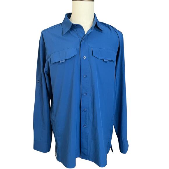 Reel Life Fishing Men Blue Long Sleeve Roll Tab Button Up Shirt Sz L Performance - Picture 2 of 5